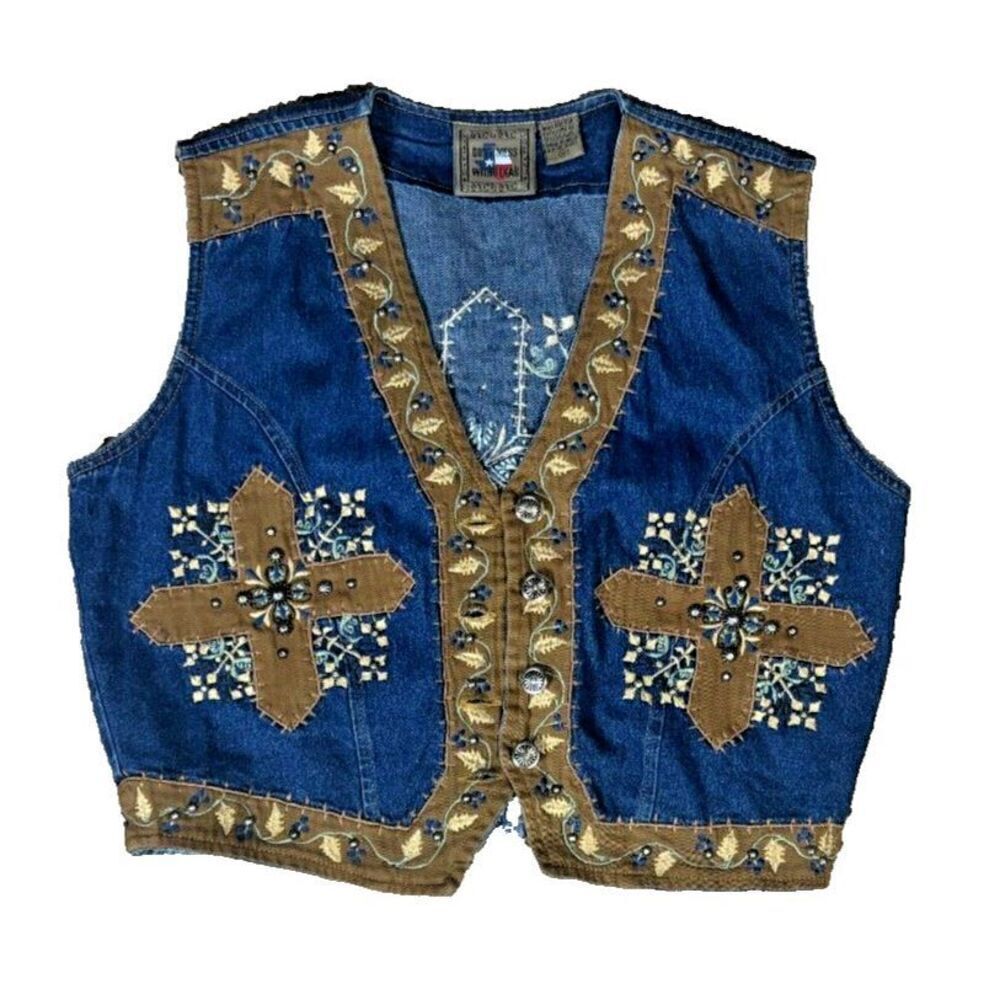 Studded Western Sleeveless Cropped Vest Size Medium Cross Blue Boho Festival - Picture 3 of 13